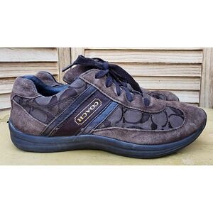 Coach Sz 8.5 Brown Suede Canvas Roxann Logo Signature Monogram Sneakers F2460